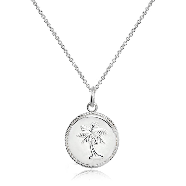 Sterling Silver Polished Palm Tree Summer Medallion Coin Round Pendant Necklace