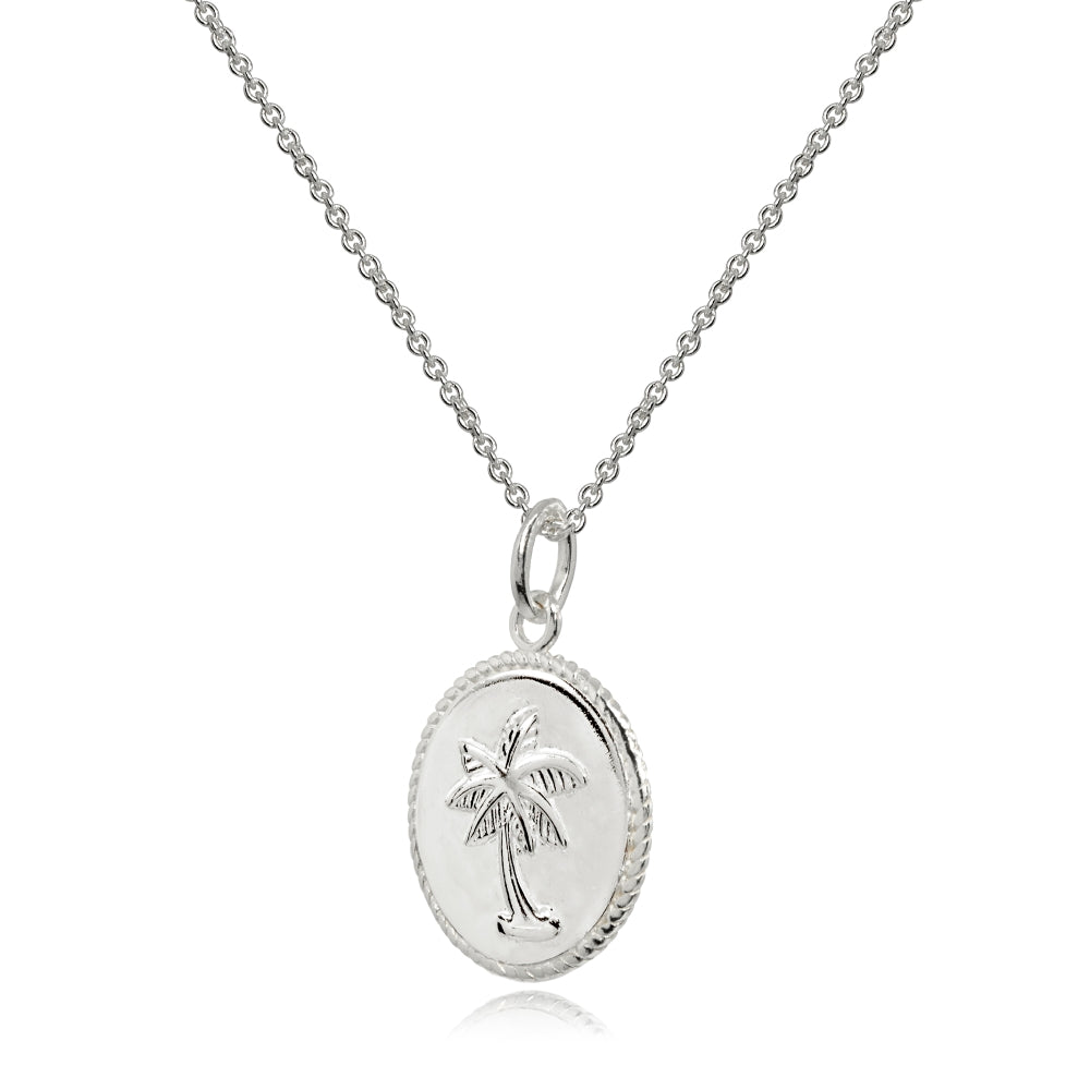 Sterling Silver Polished Palm Tree Summer Medallion Coin Round Pendant Necklace-2