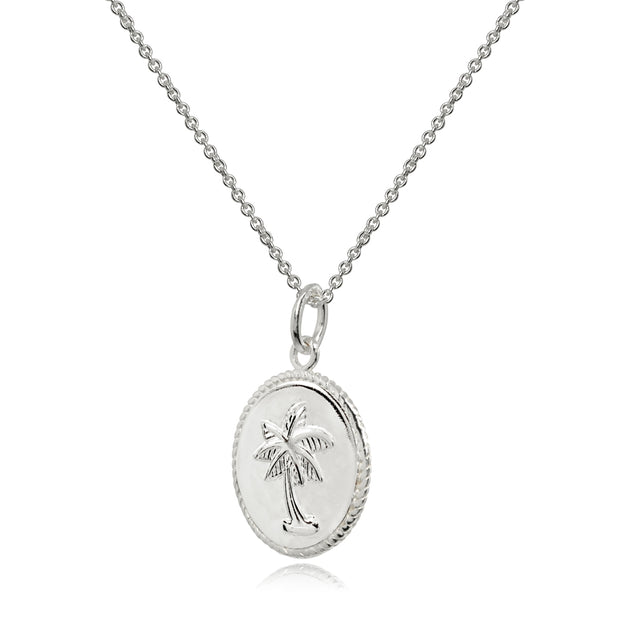 Sterling Silver Polished Palm Tree Summer Medallion Coin Round Pendant Necklace