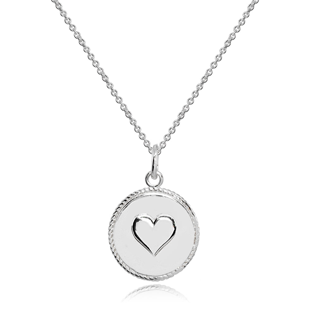 Sterling Silver Polished Heart Love Medallion Coin Round Pendant Necklace