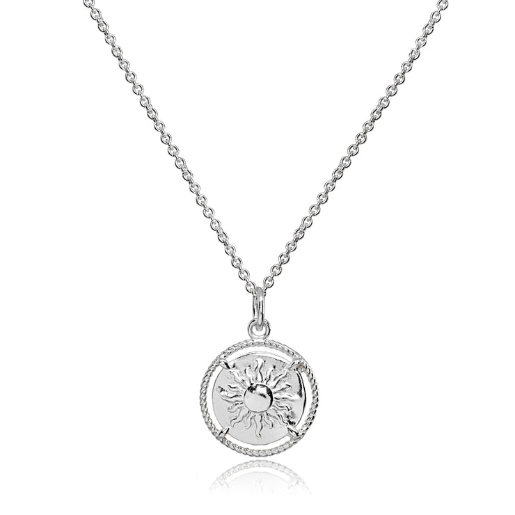Sterling Silver Polished Sun Celestial Medallion Coin Round Pendant Necklace
