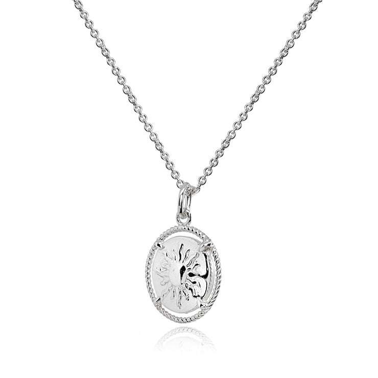 Sterling Silver Polished Sun Celestial Medallion Coin Round Pendant Necklace
