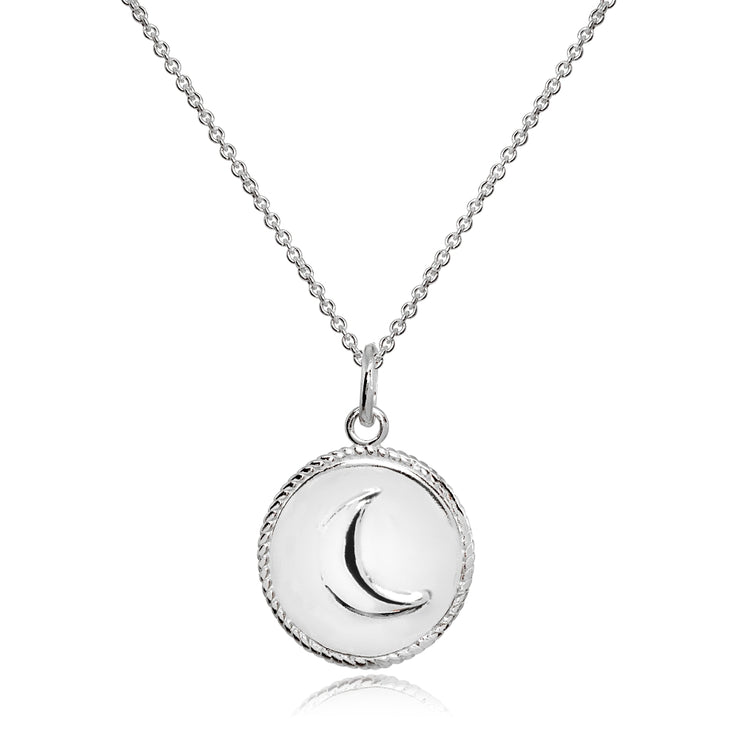 Sterling Silver Polished Crescent Moon Celestial Medallion Coin Round Pendant Necklace