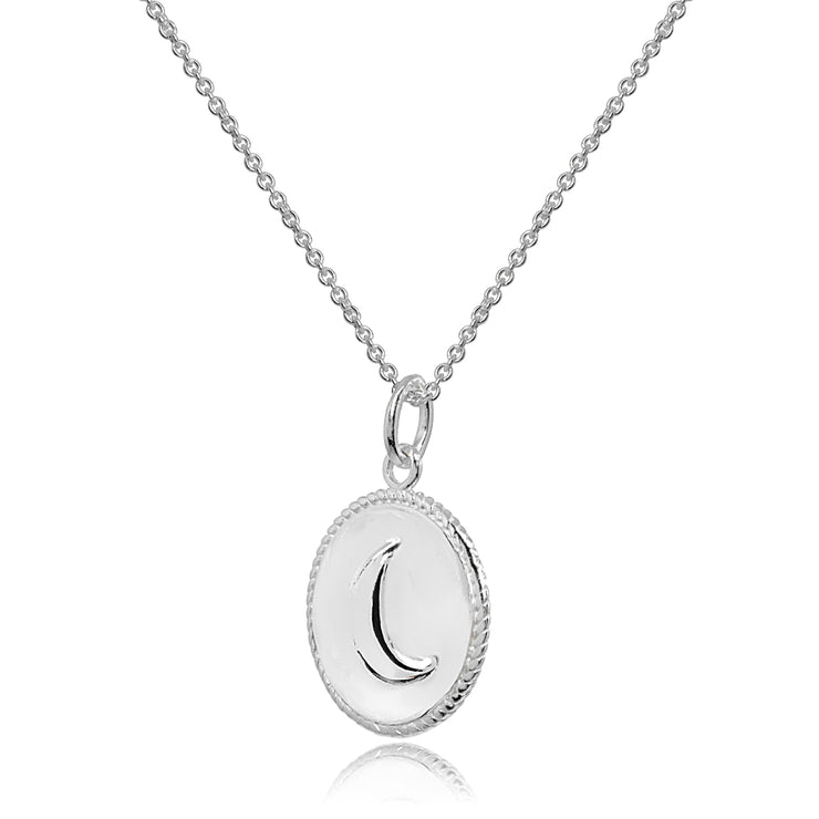 Sterling Silver Polished Crescent Moon Celestial Medallion Coin Round Pendant Necklace