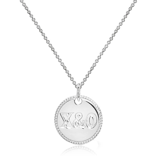 Sterling Silver Polished X&O Hugs and Kisses Medallion Coin Round Pendant Necklace