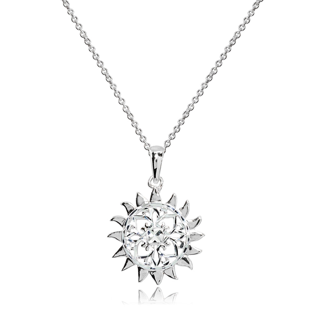 Sterling Silver Polished Sun Celestial Filigree Pendant Necklace
