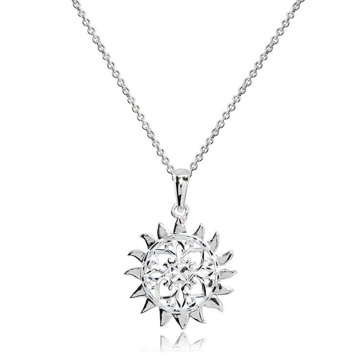 Sterling Silver Polished Sun Celestial Filigree Pendant Necklace