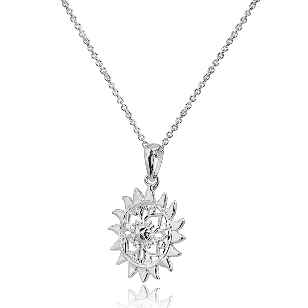 Sterling Silver Polished Sun Celestial Filigree Pendant Necklace-2