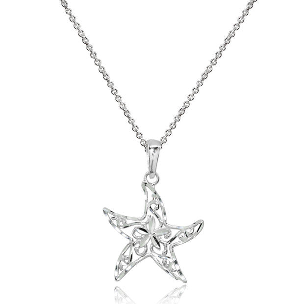 Sterling Silver Polished Sea Starfish Filigree Pendant Necklace