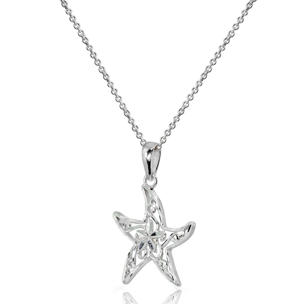 Sterling Silver Polished Sea Starfish Filigree Pendant Necklace-2