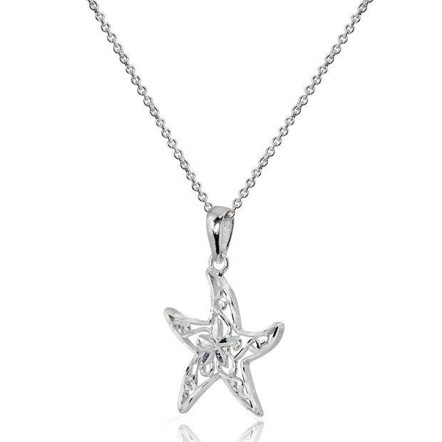 Sterling Silver Polished Sea Starfish Filigree Pendant Necklace