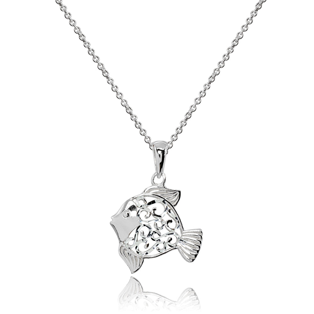 Sterling Silver Polished Fish Animal Filigree Pendant Necklace