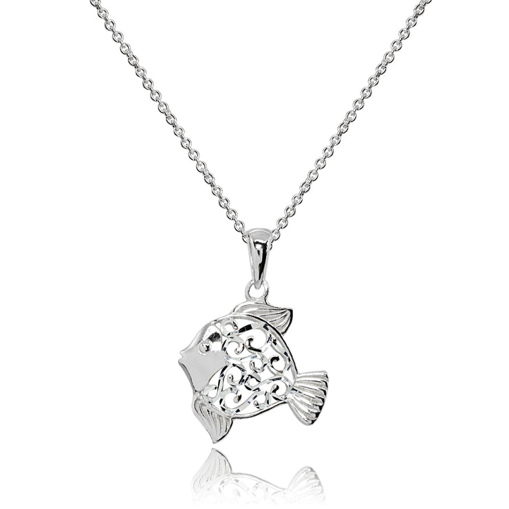 Sterling Silver Polished Fish Animal Filigree Pendant Necklace