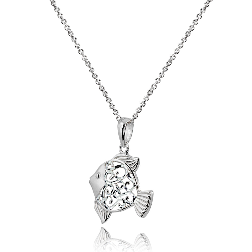 Sterling Silver Polished Fish Animal Filigree Pendant Necklace-2