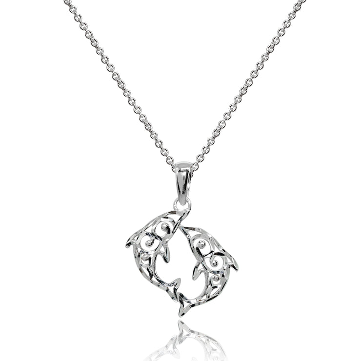 Sterling Silver Polished Two Dolphins Filigree Pendant Necklace