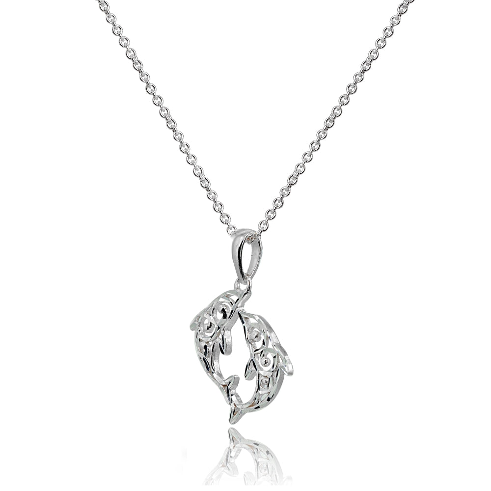 Sterling Silver Polished Two Dolphins Filigree Pendant Necklace-2