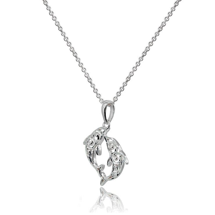 Sterling Silver Polished Two Dolphins Filigree Pendant Necklace