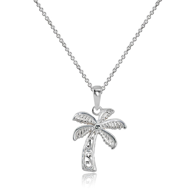 Sterling Silver Polished Palm Tree Summer Filigree Pendant Necklace