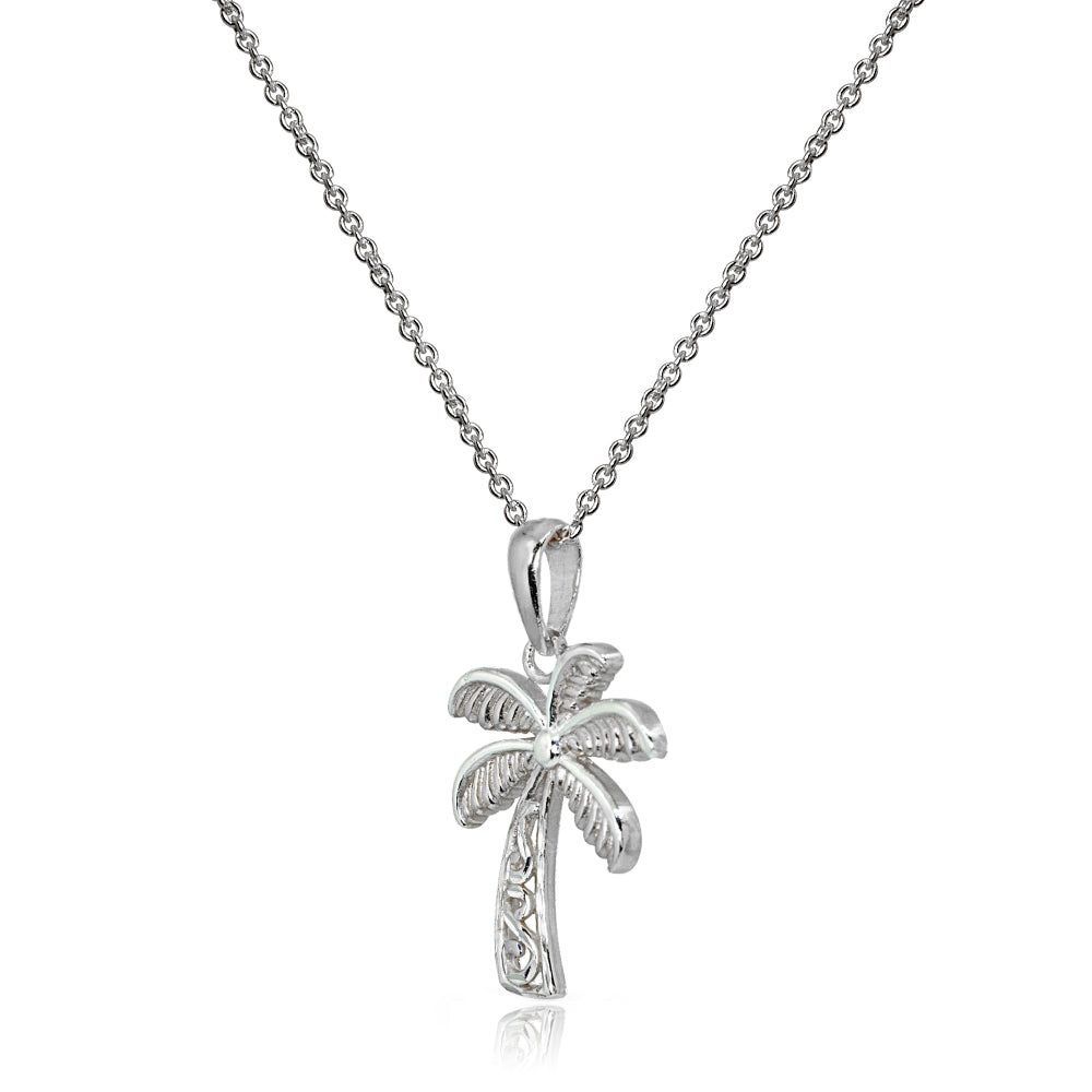 Sterling Silver Polished Palm Tree Summer Filigree Pendant Necklace-2