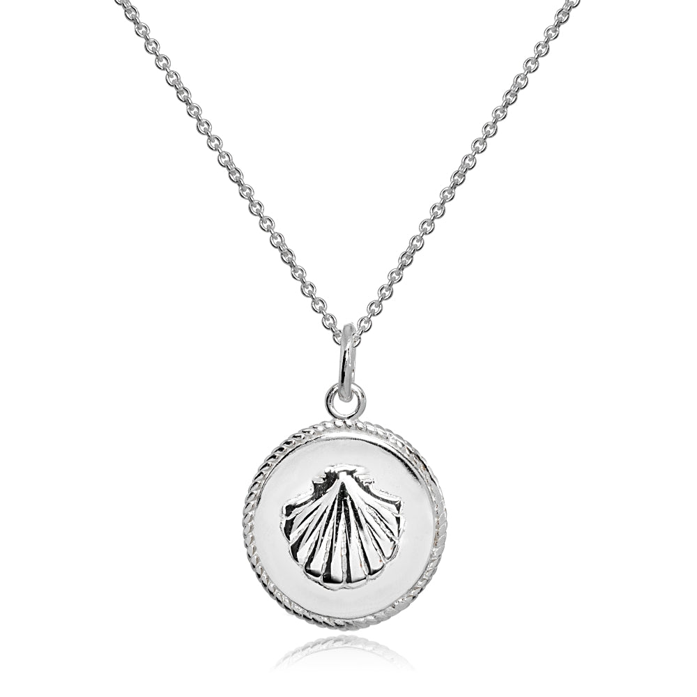 Sterling Silver Polished Sea Shells Medallion Coin Round Pendant Necklace