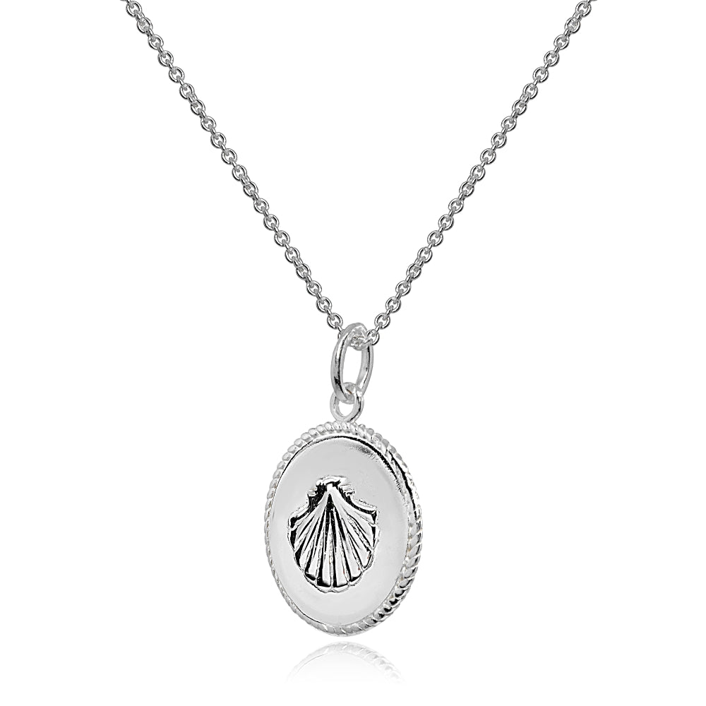 Sterling Silver Polished Sea Shells Medallion Coin Round Pendant Necklace-2