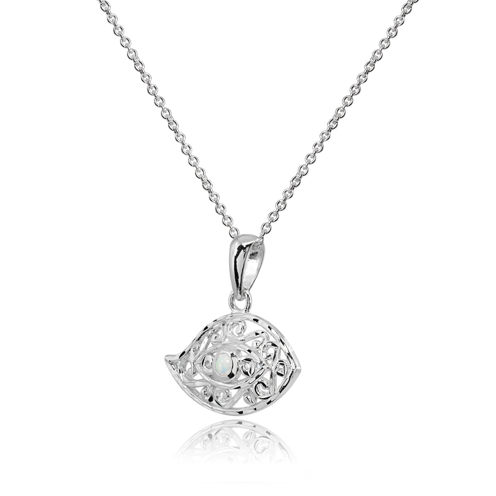 Sterling Silver Synthetic White Opal Round Polished Evil Eye Filigree Pendant Necklace-2