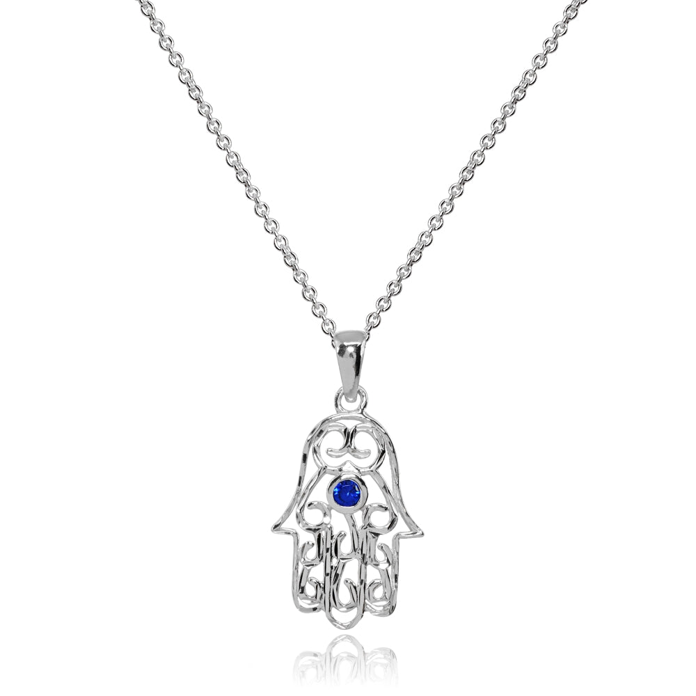 Sterling Silver Created Blue Sapphire Round Polished Hamsa Hand Filigree Pendant Necklace