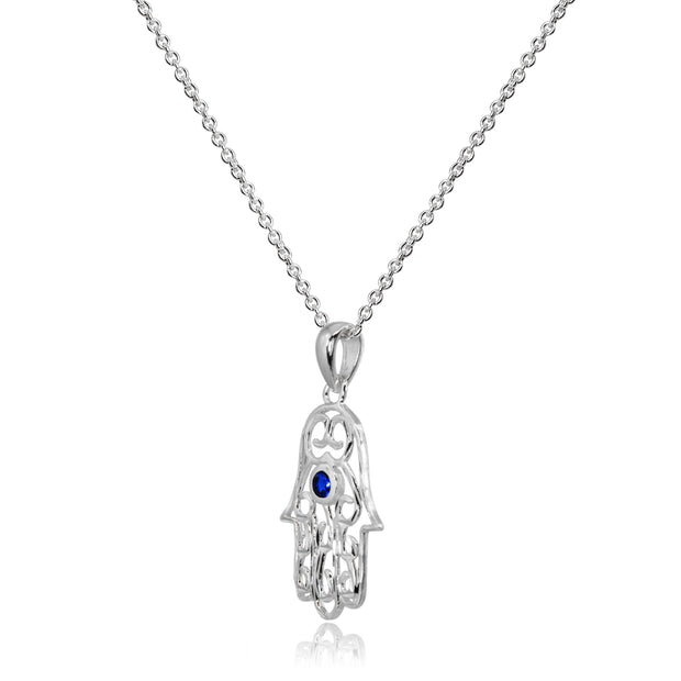 Sterling Silver Created Blue Sapphire Round Polished Hamsa Hand Filigree Pendant Necklace