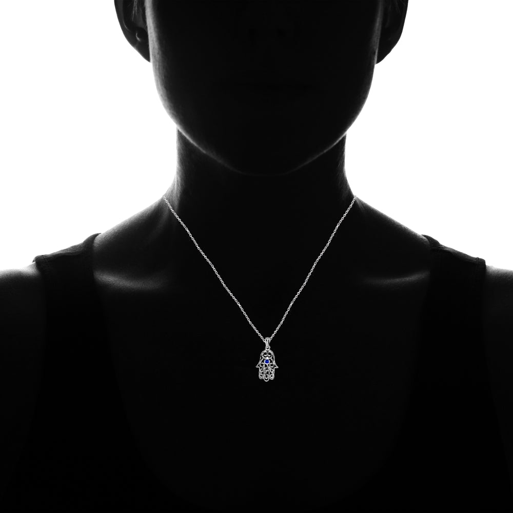 Sterling Silver Created Blue Sapphire Round Polished Hamsa Hand Filigree Pendant Necklace-3