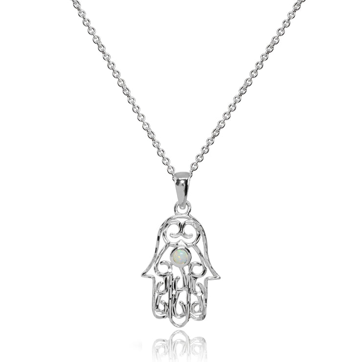Sterling Silver Synthetic White Opal Round Polished Hamsa Hand Filigree Pendant Necklace
