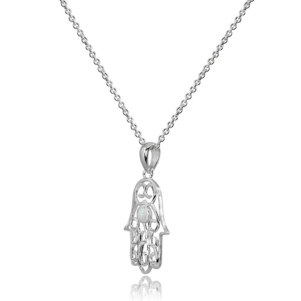 Sterling Silver Synthetic White Opal Round Polished Hamsa Hand Filigree Pendant Necklace-2