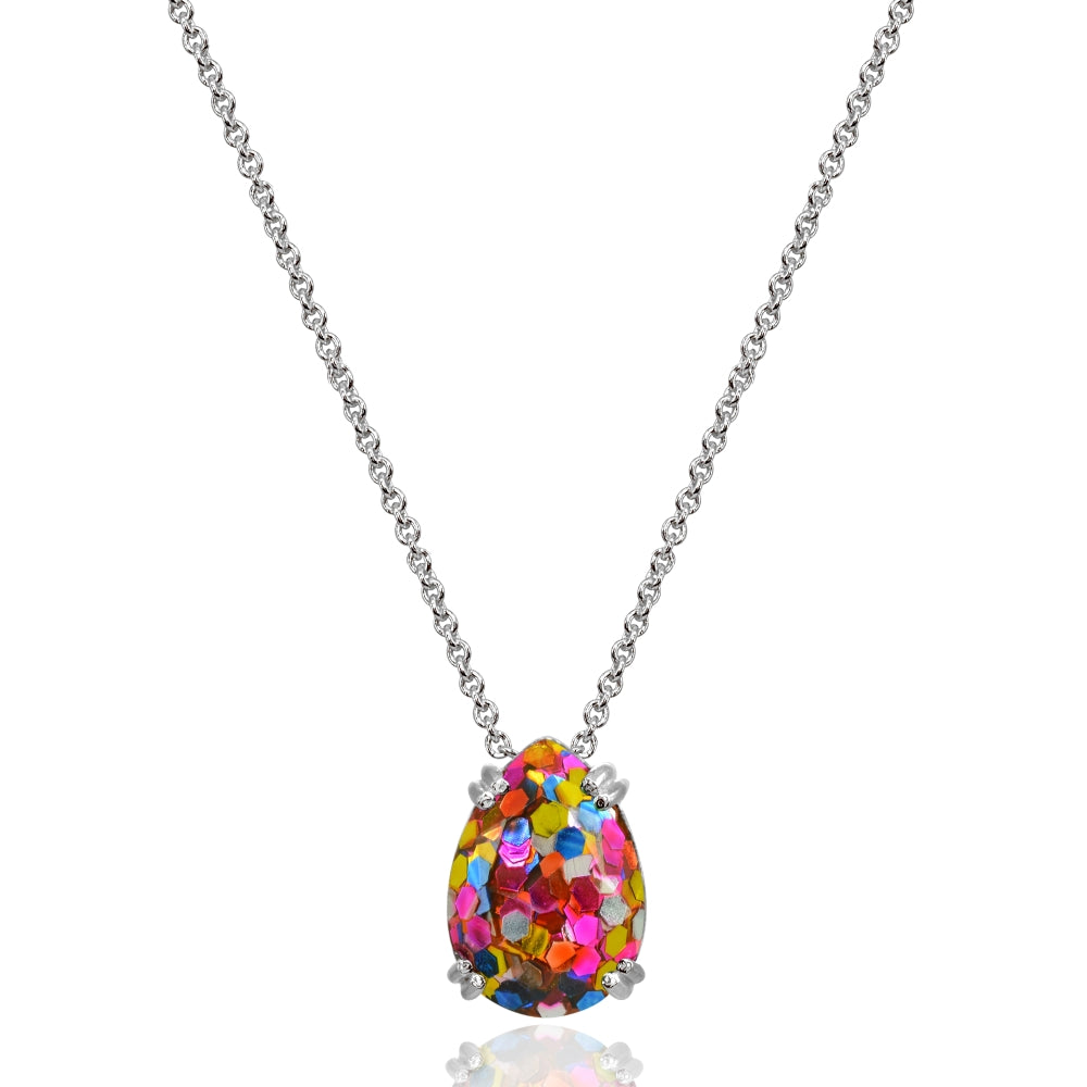 Sterling Silver Multi Color Glitter 14x10mm Teardrop Dainty Slide Pendant Necklace