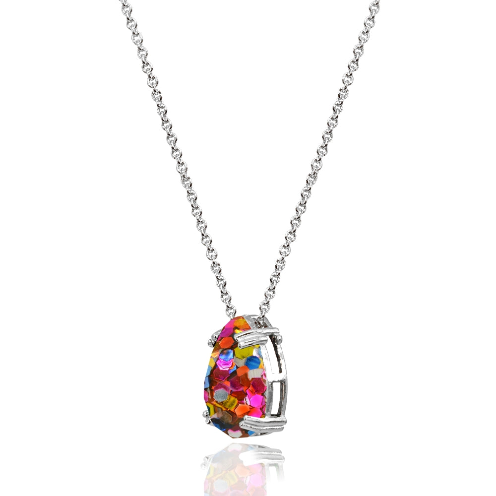 Sterling Silver Multi Color Glitter 14x10mm Teardrop Dainty Slide Pendant Necklace-2