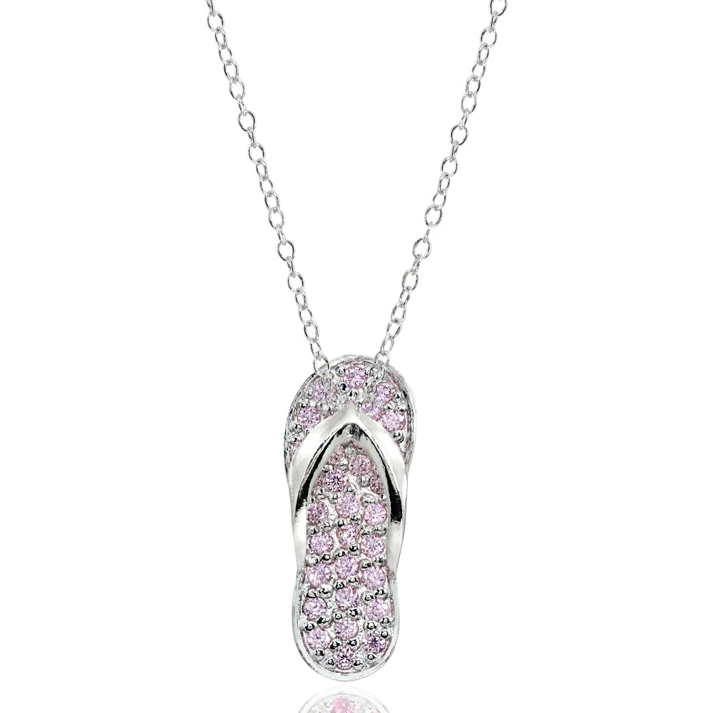 Sterling Silver Pink Cubic Zirconia Flip-Flop Beach Sandal Necklace