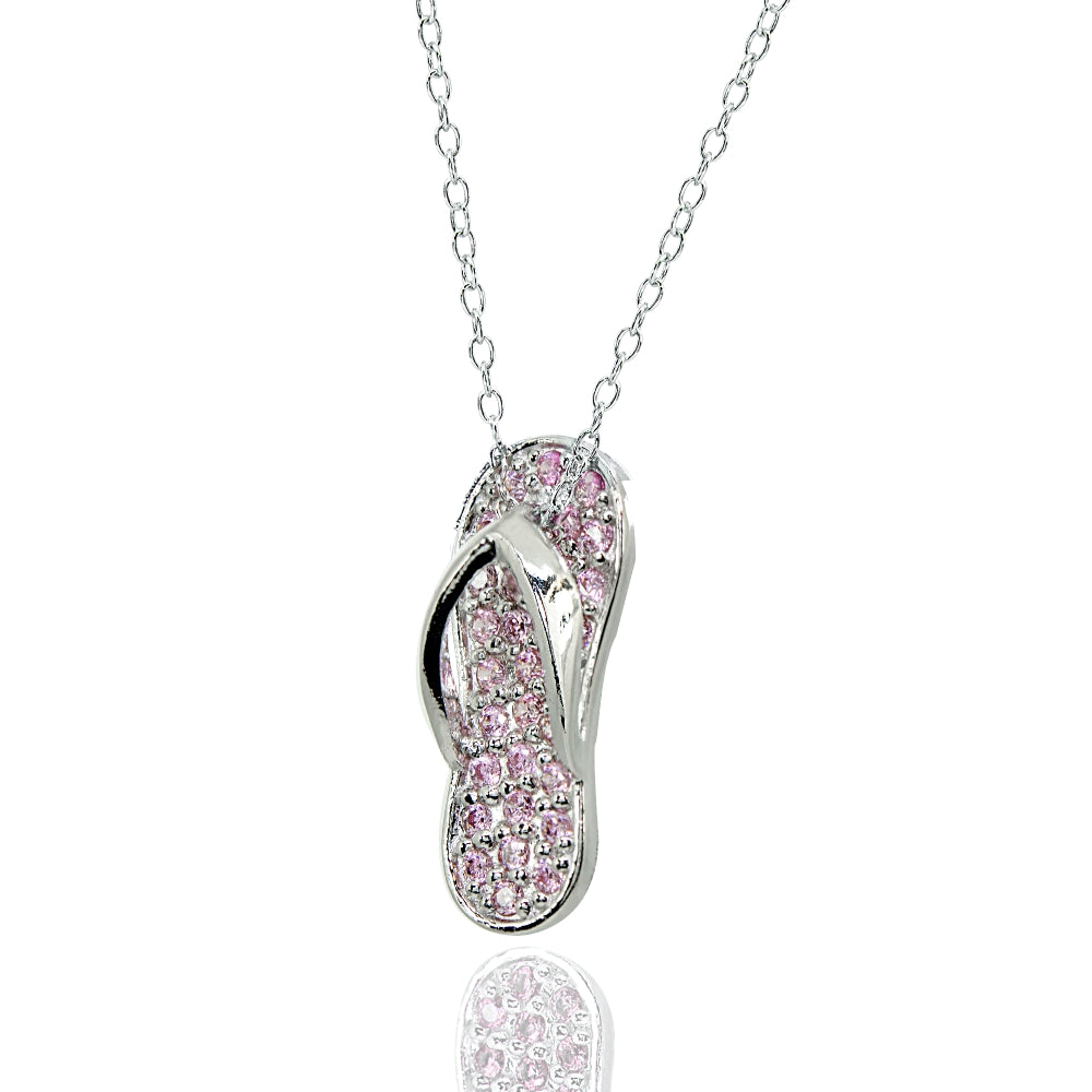 Sterling Silver Pink Cubic Zirconia Flip-Flop Beach Sandal Necklace-2