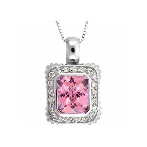 Sterling Silver Pink Cubic Zirconia and Created Diamond CZ Square Pendant