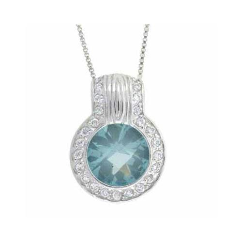 Sterling Silver round Created Aquamarine CZ and Created Diamond CZ Pendant