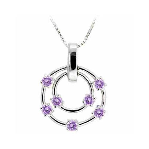 Sterling Silver Amethyst CZ Double Circle Floating Pendant