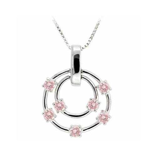 Sterling Silver Pink CZ Floating Double Circle Designer-Inspired Pendant