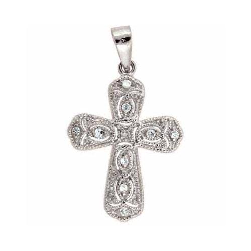 Sterling Silver Created Diamond CZ Filigree Cross Pendant