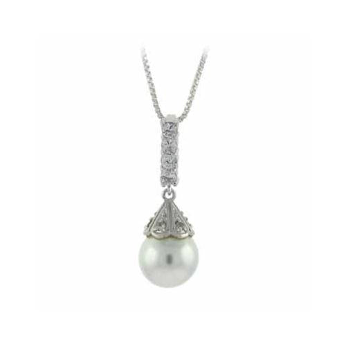 Sterling Silver Created Pearl & CZ Drop Pendant