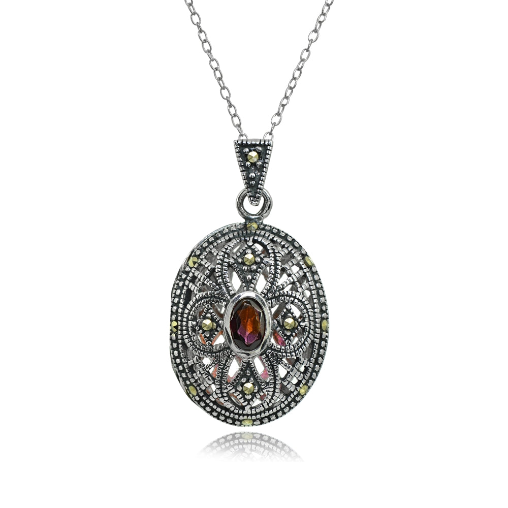 Sterling Silver Genuine Garnet & Marcasite Cross Locket
