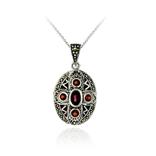 Sterling Silver Genuine Garnet & Marcasite Cross Locket-2