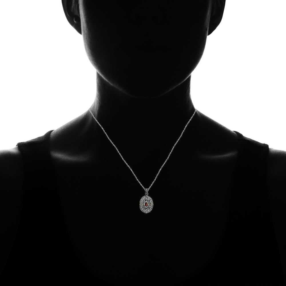 Sterling Silver Genuine Garnet & Marcasite Cross Locket-3