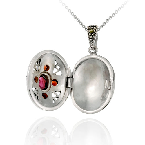 Sterling Silver Genuine Garnet & Marcasite Cross Locket-4