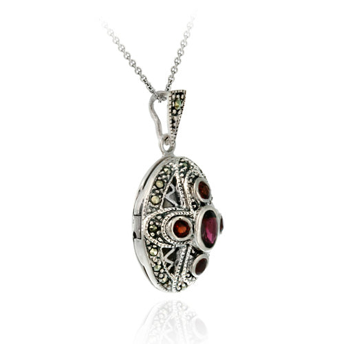 Sterling Silver Genuine Garnet & Marcasite Cross Locket-5
