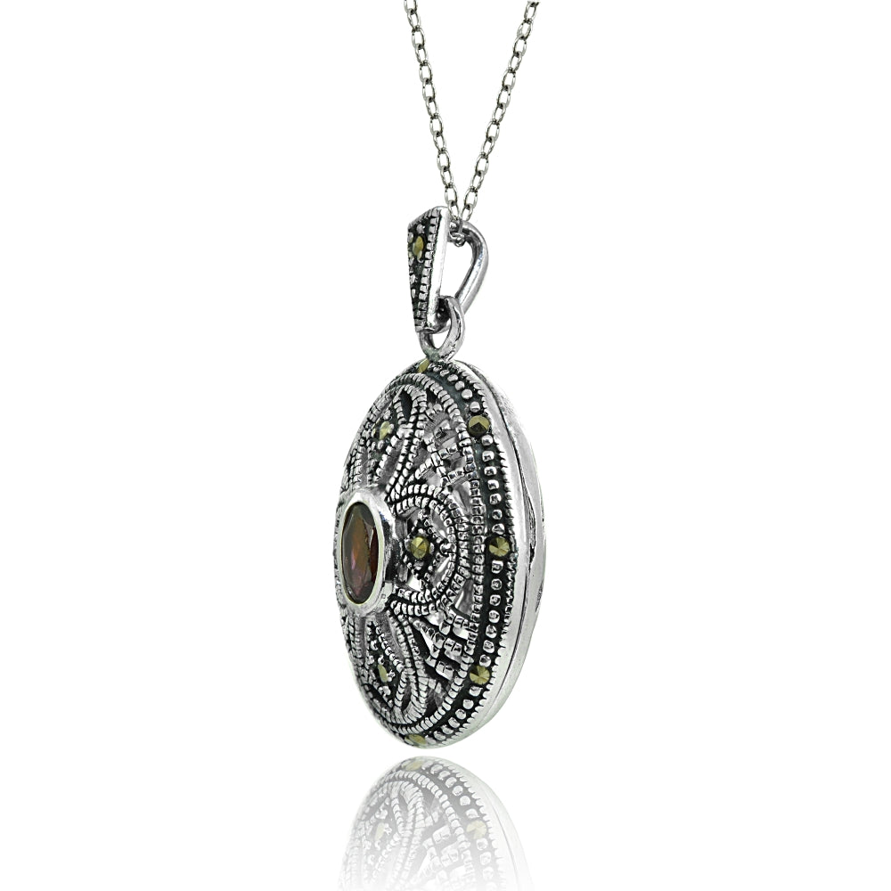 Sterling Silver Genuine Garnet & Marcasite Cross Locket-6