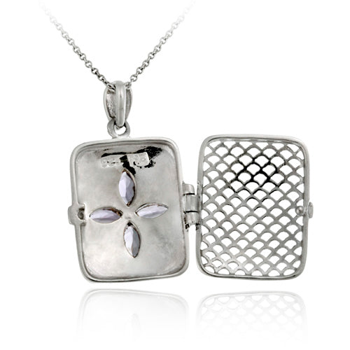 Sterling Silver Genuine Amethyst Flower Marcasite Locket Necklace-2