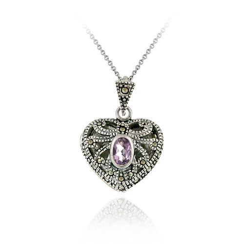 Sterling Silver Amethyst & Marcasite Heart Locket Necklace