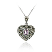 Sterling Silver Amethyst & Marcasite Heart Locket Necklace